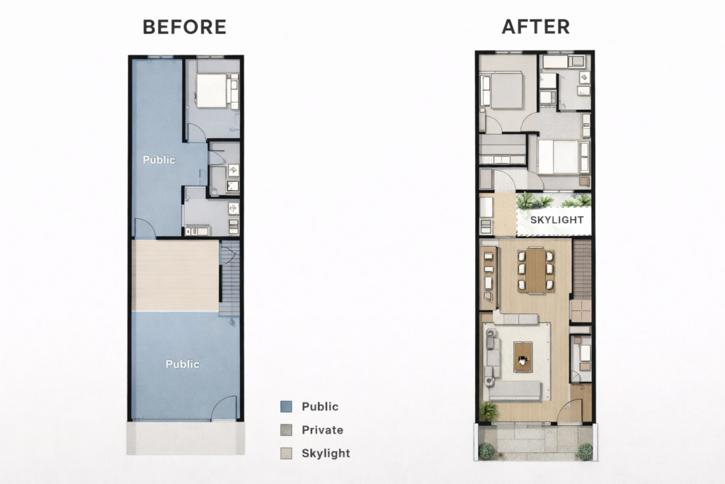 รีโนเวทตึกแถวเป็นบ้าน, แปลนตึกแถวก่อนหลัง, ปรับปรุงตึกแถวเก่า, บ้านพักอาศัยจากตึกแถว, ตึกแถวหน้าแคบแนวลึก, รีโนเวทที่อยู่อาศัย, ผังบ้านตึกแถว, modern shophouse renovation plan