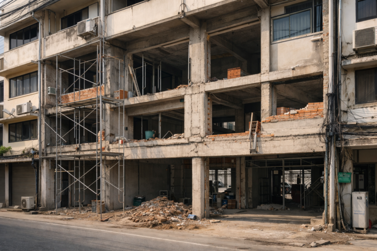 ไซต์งานรีโนเวทตึกแถว, งานก่อสร้างอาคารพาณิชย์, ตึกแถวไทยจริง, งานรื้อและงานโครงสร้าง, รีโนเวทตึกแถวก่อนขออนุญาต, ไซต์งานก่อสร้างไทย