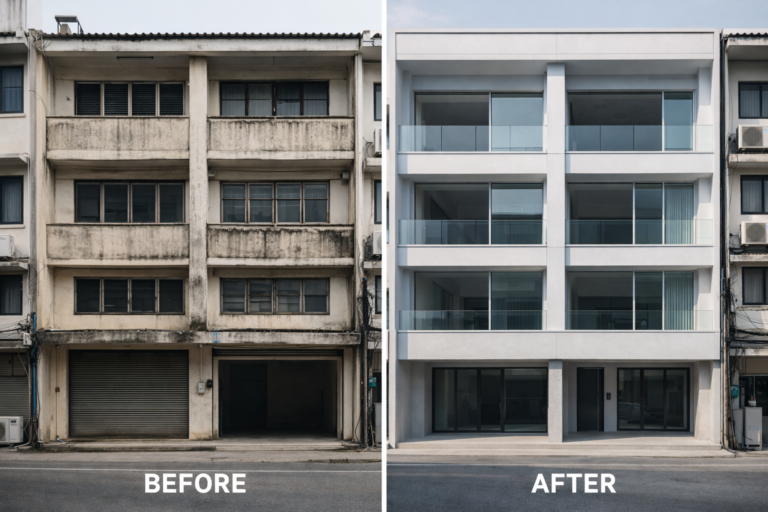 ไซต์งานรีโนเวทตึกแถว, งานปรับปรุงฟาซาดตึกแถว, รีโนเวทตึกแถวระหว่างก่อสร้าง, ตึกแถวไทยกำลังซ่อมแซม, งานรีโนเวทอาคารพาณิชย์จริง