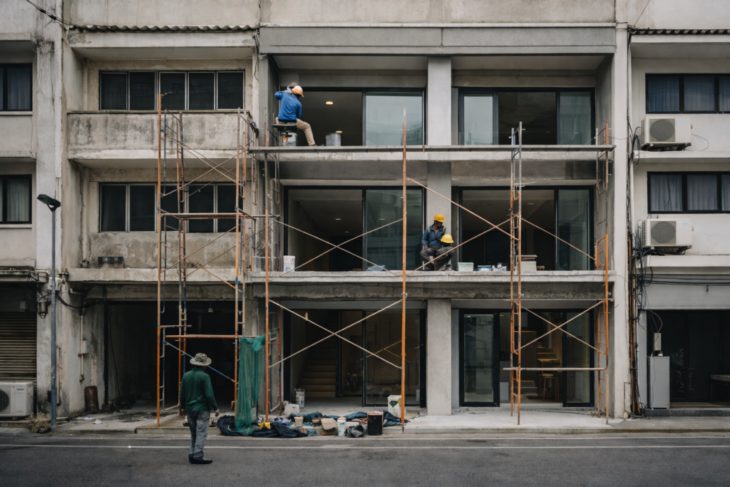ไซต์งานรีโนเวทตึกแถว, งานปรับปรุงฟาซาดตึกแถว, รีโนเวทตึกแถวระหว่างก่อสร้าง, ตึกแถวไทยกำลังซ่อมแซม, งานรีโนเวทอาคารพาณิชย์จริง
