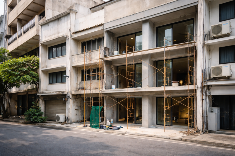 รีโนเวทตึกแถวไทย, วางแผนงบประมาณรีโนเวทตึกแถว, งานรีโนเวทตึกแถวจริง, ซ่อมแซมฟาซาดตึกแถว, คุมงบรีโนเวทอาคารพาณิชย์