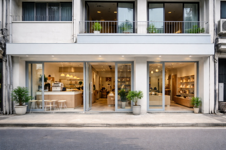 รีโนเวทตึกแถวเปิดร้าน, หน้าร้านตึกแถวช่วงเย็น, ตึกแถวคาเฟ่เปิดไฟ, รีโนเวทร้านค้าอาคารพาณิชย์, ออกแบบหน้าร้านตึกแถว, รีโนเวทตึกแถวเพื่อธุรกิจ