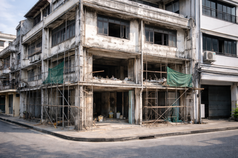 ปัญหารีโนเวทตึกแถว, ตึกแถวเก่า, รีโนเวทอาคารพาณิชย์, นั่งร้านก่อสร้าง, อาคารทรุดโทรม, รีโนเวทตึกแถวเก่า