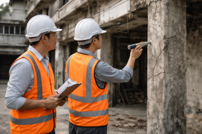 วิศวกรตรวจโครงสร้างตึกแถว, ตรวจเสาคอนกรีต, ใช้เครื่อง rebound hammer, ตึกแถวเก่าในเมืองไทย, ตรวจสอบโครงสร้างก่อนรีโนเวท, ความปลอดภัยอาคาร
