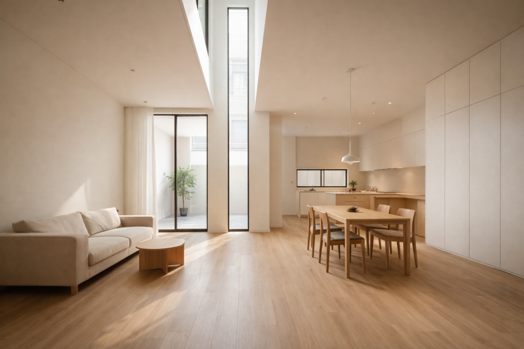 รีโนเวทตึกแถวสไตล์มินิมอล , ห้องนั่งเล่นโปร่งโล่ง , โทนขาว , ไม้อ่อน , แสงธรรมชาติ