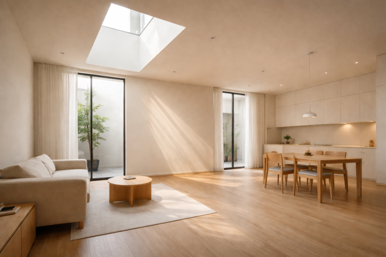 รีโนเวทตึกแถวสไตล์มินิมอล , ห้องนั่งเล่นโปร่งโล่ง , โทนขาว , ไม้อ่อน , แสงธรรมชาติ