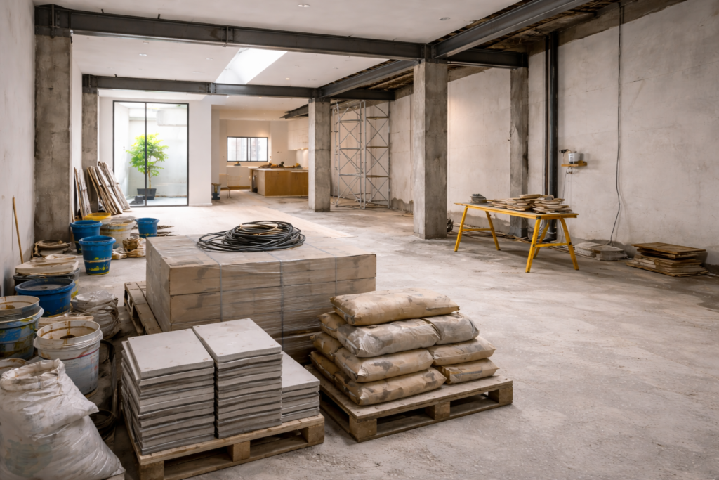 วัสดุก่อสร้างรอใช้งาน , รีโนเวทตึกแถว , หน้างานหยุดชั่วคราว , ไทม์ไลน์รีโนเวท , งานก่อสร้างภายใน