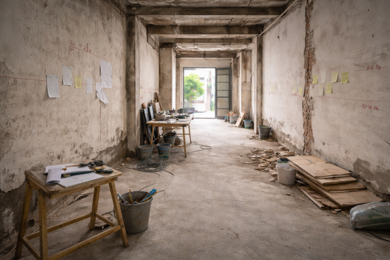 สำรวจหน้างานรีโนเวทตึกแถว, ผนังเก่า, พื้นเดิม, ทำเครื่องหมายวัดขนาด, หน้างานรก, ขั้นตอนก่อนเริ่มรีโนเวท