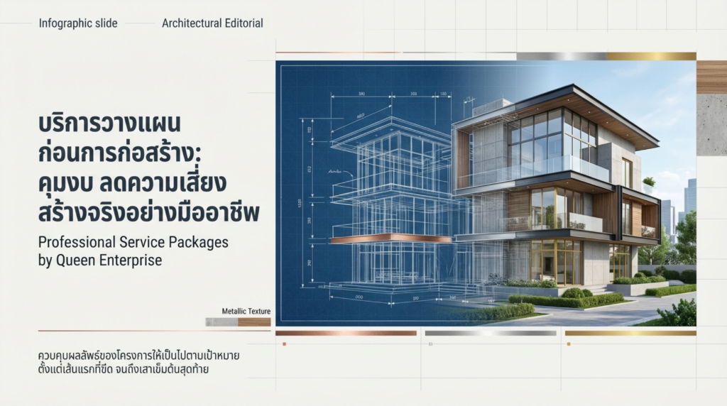 บริการวางแผนก่อนสร้าง, การประชุมวางแผนงานวิศวกรรม, การประเมินราคาและจัดทำ BOQ, ตรวจสอบแบบก่อสร้างสถาปัตยกรรม, Queen Enterprise Construction Company, งานอินทีเรียคือสิ่งสำคัญ, สถาปนิกออกแบบภายใน, วิศวกรควบคุมงาน, ผู้รับเหมามีใบกว, งานฝีมือประณีตในการวางแผนโครงการ, การบริหารความเสี่ยงงานก่อสร้าง